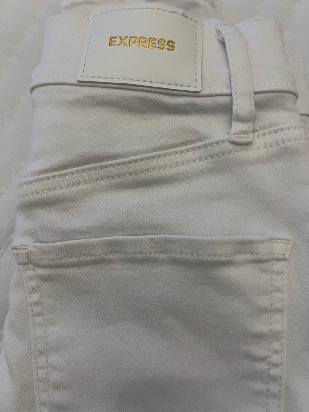 Express White Women’s Skinny Jeans with Gold Logo Patch
